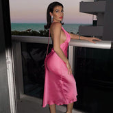 Vestido midi de cintura alta, tipo tirantes, sin mangas, escote en V, vestido de un solo paso plisado